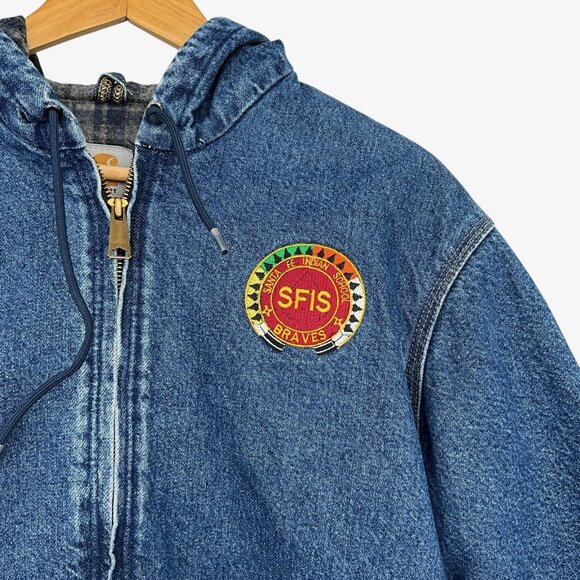 Vintage Carhartt Blanket Lined Jacket Mens M Denim Hooded Buffalo Plaid J139 DST - Picture 3 of 16